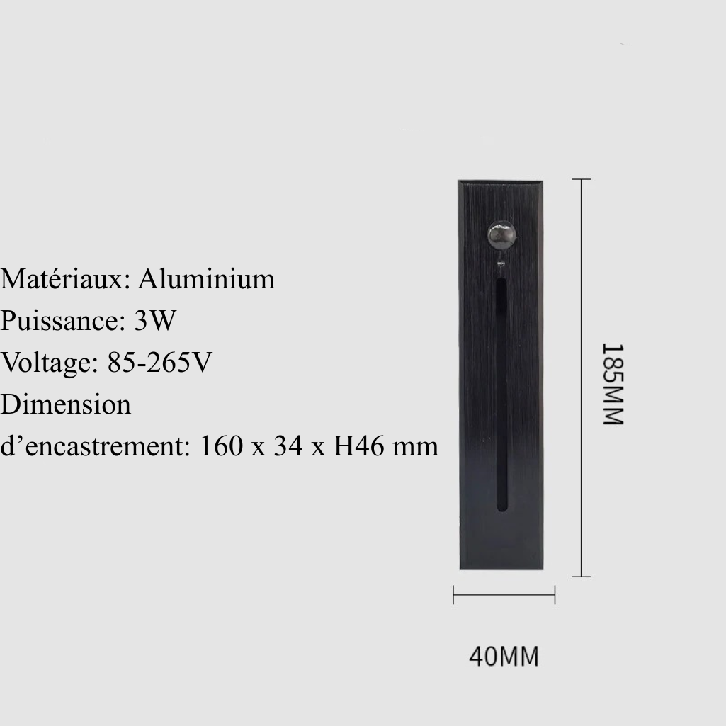 Applique Encastrée Rectangle Détecteur - Noir Brossé