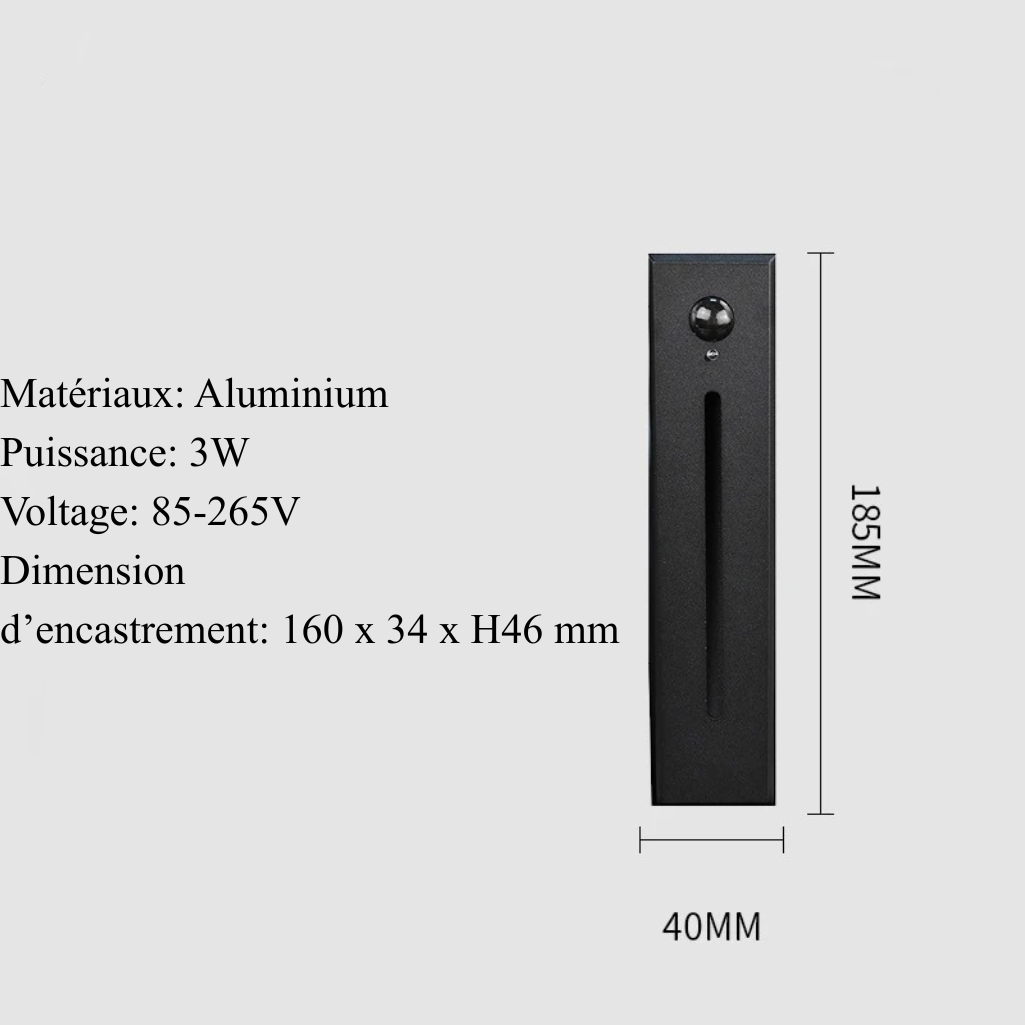 Applique Encastrée Rectangle Détecteur - Noir